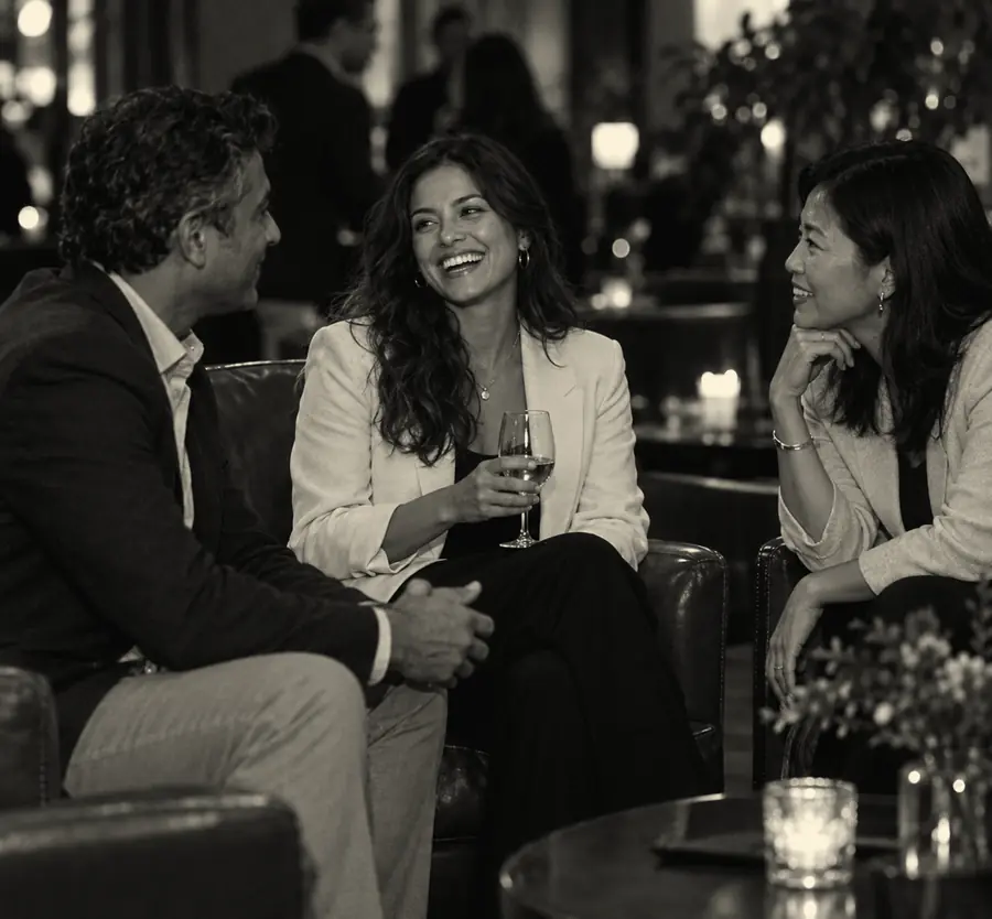 Three guests in a seated lounge conversation