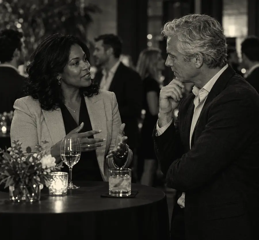 Two investors talking at a cocktail table