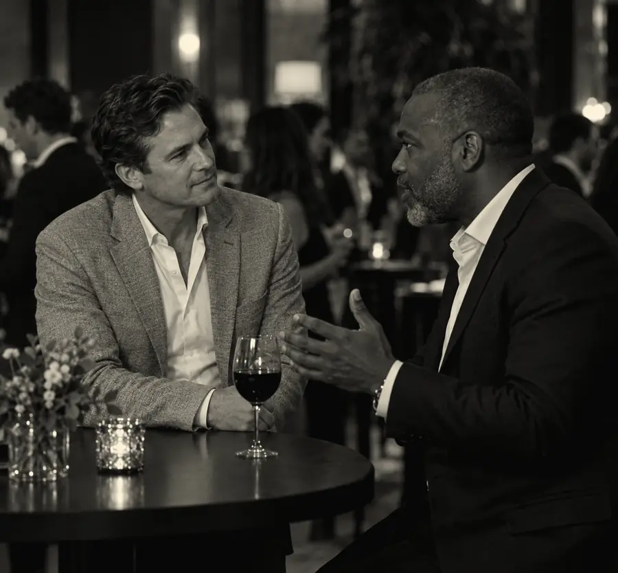 Two guests in conversation at a high-top table
